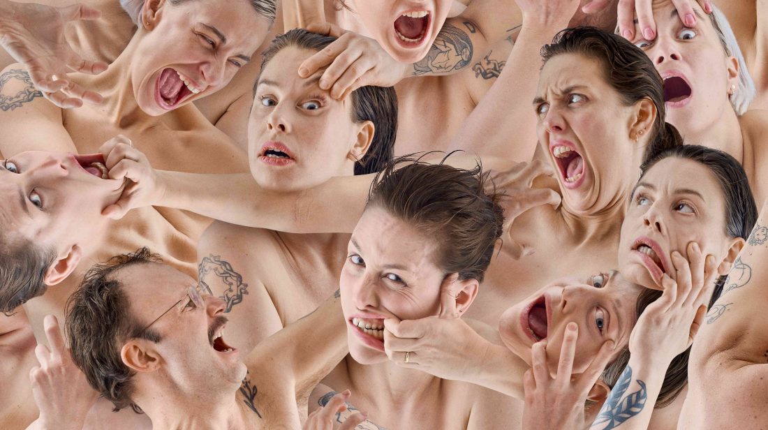 Bare torsos and faces fill the entire image in a kind of struggle. They pull at each other, shout, and seem to merge into one another.